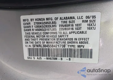 2005 Honda Odyssey Ex из США, поврежденный, VIN 5FNRL38455B421759